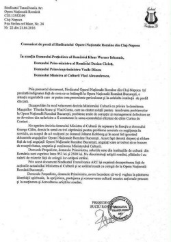 Comunicatul de presă al Sindicatului Operei Naționale Române din Cluj-Napoca este șocant