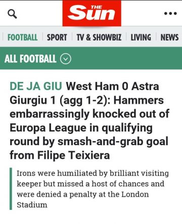 Presa engleză o ironizează pe West Ham, eliminată de Astra Giurgiu