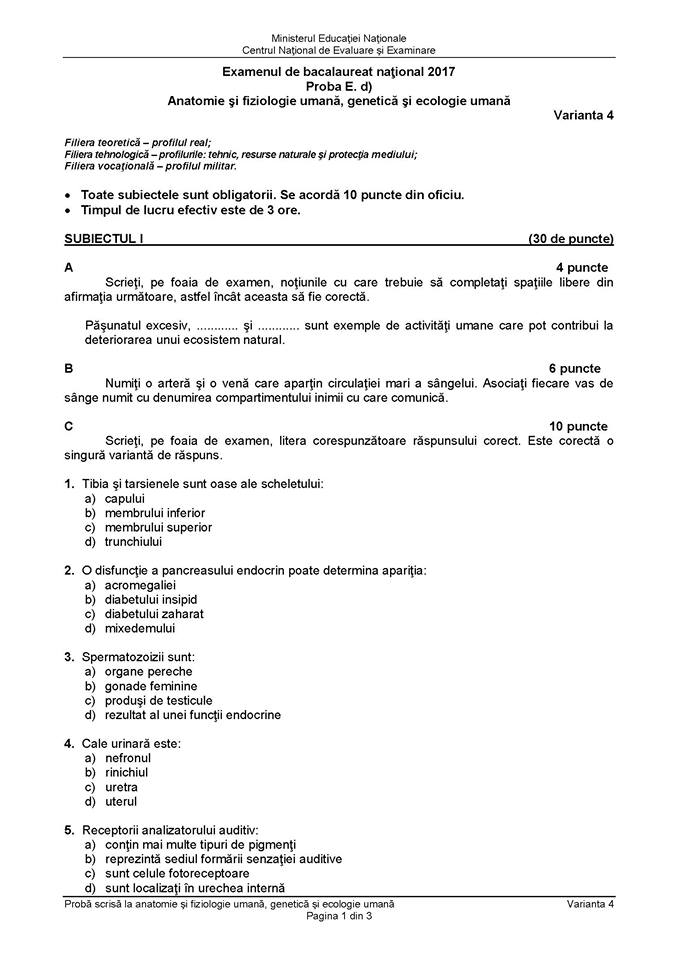 Bacalaureat 2017 Subiectele Si Baremul De Corectare La Biologie Europa Fm