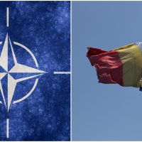 Colaj foto cu însemnul NATO și drapelul României.