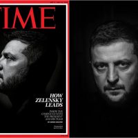 Colaj foto cu coperta publicației TIME pe care este Volodimir Zelenski, președintele Ucrainei.