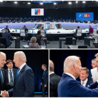 Colaj foto cu Mircea Geoană, Klaus Iohannis, Joe Biden și sala summitului NATO de la Madrid.