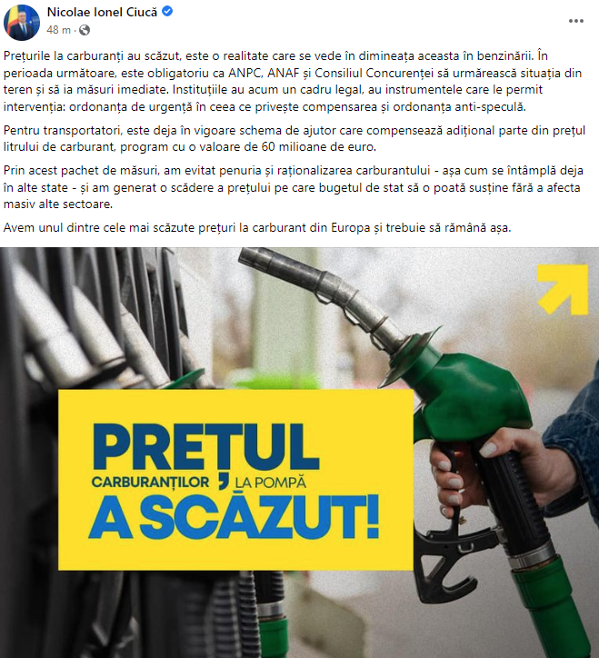 Nicolae Ciucă, premierul României, despre prețurile scăzute la carburanți