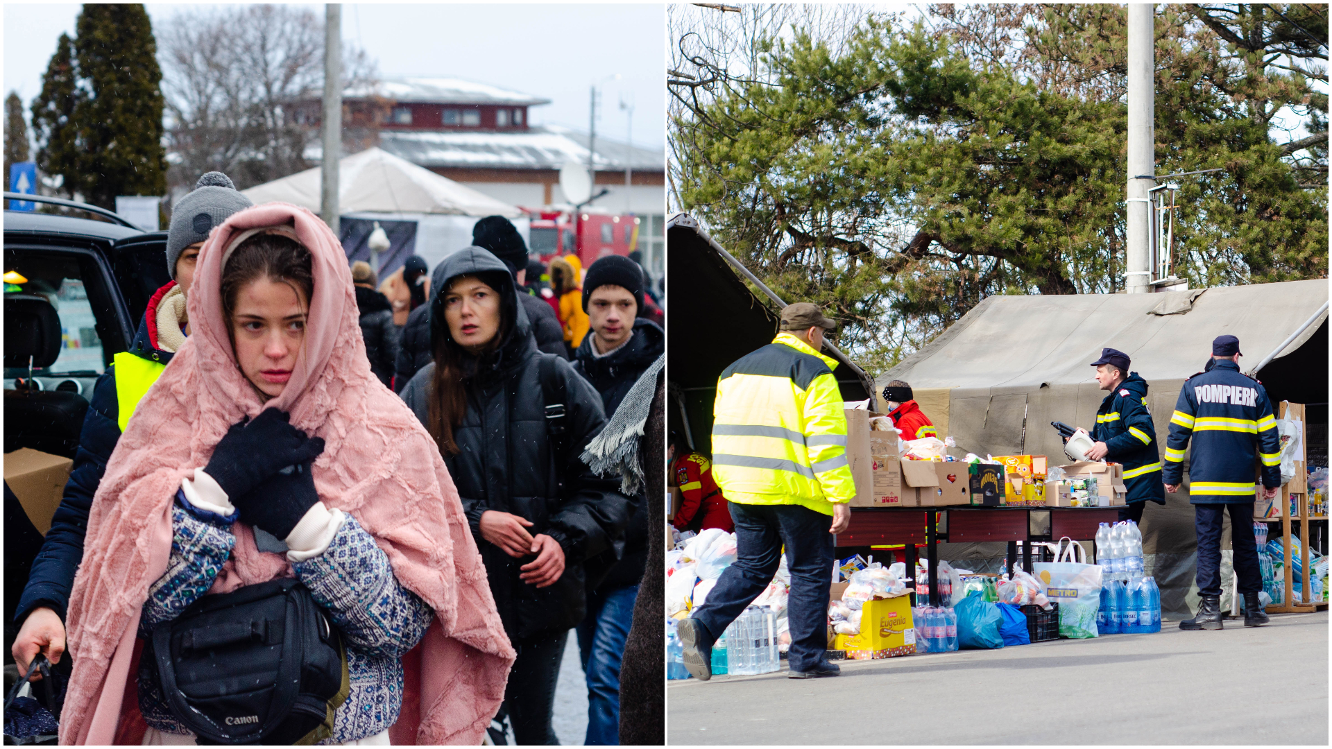 Refugiați ucraineni care ajung în România prin Vama Siret.