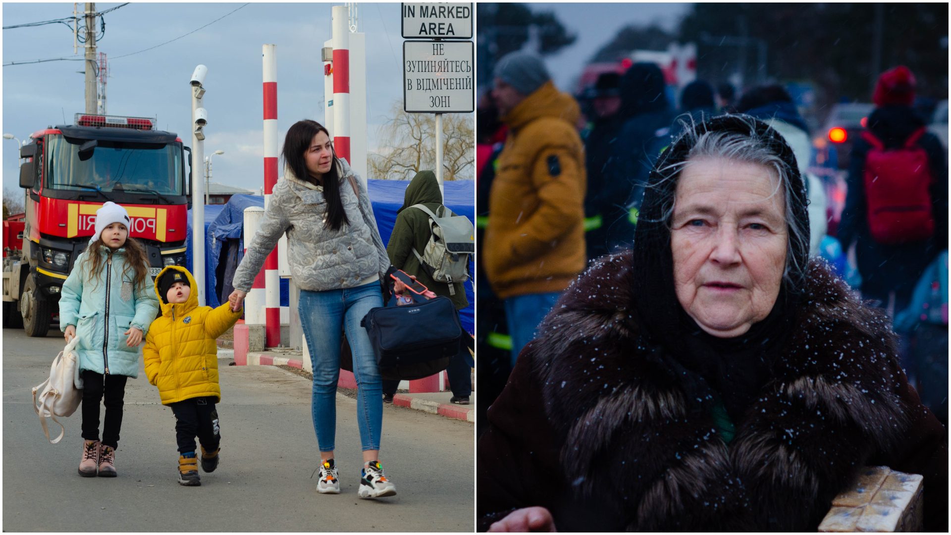 Refugiați ucraineni care vin în România prin Vama Siret.