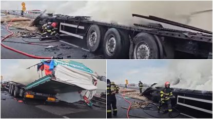 Tir în flăcări pe Autostrada A10 Sebeș-Turda. Incendiul a fost localizat. Traficul se reia în 60 de minute | VIDEO