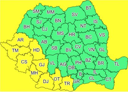 ANM: Cod galben de instabilitate atmosferică în sud-vestul țării