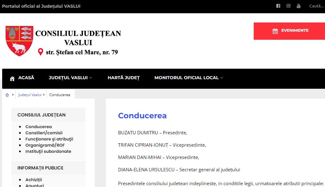 Pagina web a CJ Vaslui Dumitru Buzatu figurează drept preşedinte al