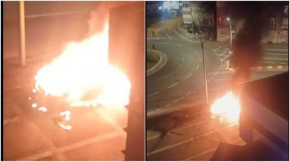 Brașov: Autoturism cuprins de flăcări azi-noapte, în urma unei coliziuni cu un buldoexcavator