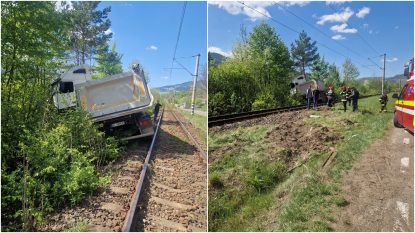 Circulație feroviară oprită temporar pe secția de circulație Adjud – Ghimeș din cauza unui camion răsturnat pe calea ferată